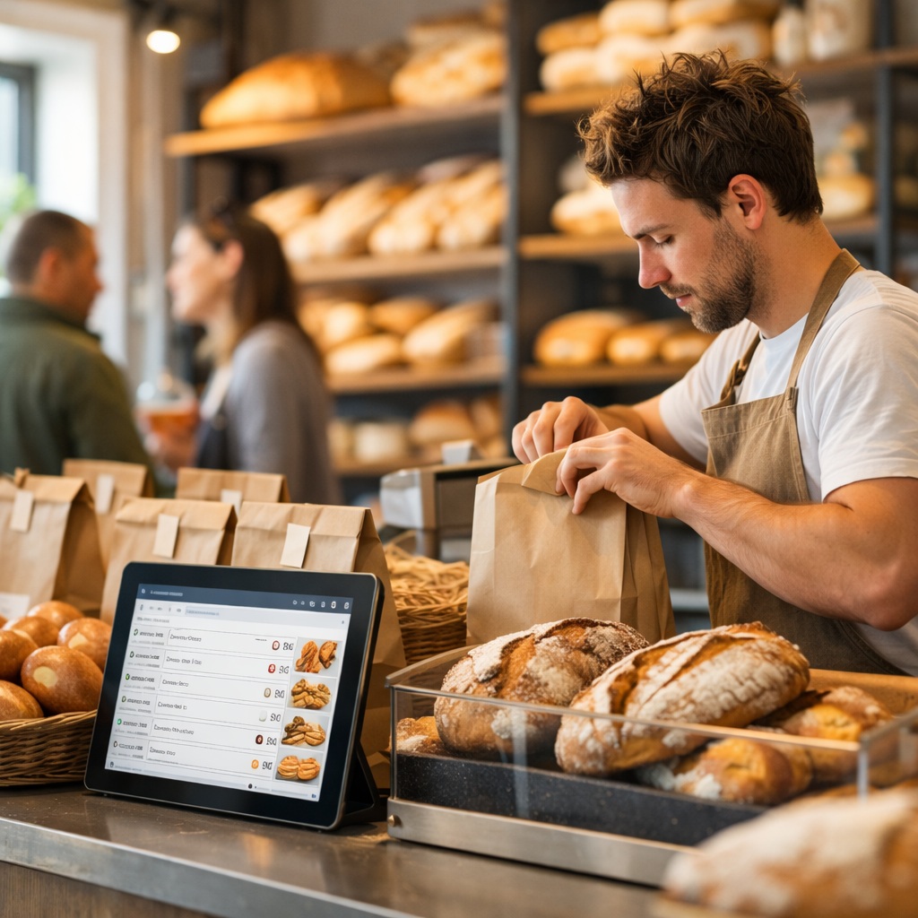 ultra photorealistic bakery interior, small modern german bakery counter with tablet showing incoming online order, baker preparing bread bags behind the counter, warm morning light, professional clean environment, subtle business atmosphere, focus on workflow efficiency, realistic customers in background, square composition --ar 1:1 --style raw --v 6