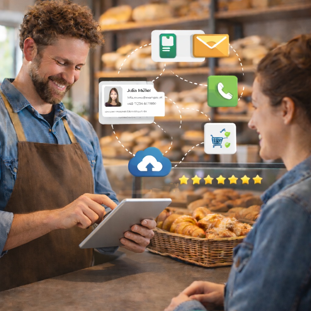 photorealistic scene of bakery owner working at laptop reviewing simple sales dashboard with customer order patterns, bakery interior in background, bread shelves and pastry display visible, calm professional atmosphere, warm natural light, business analysis moment in real bakery environment --ar 1:1 --style raw --v 6