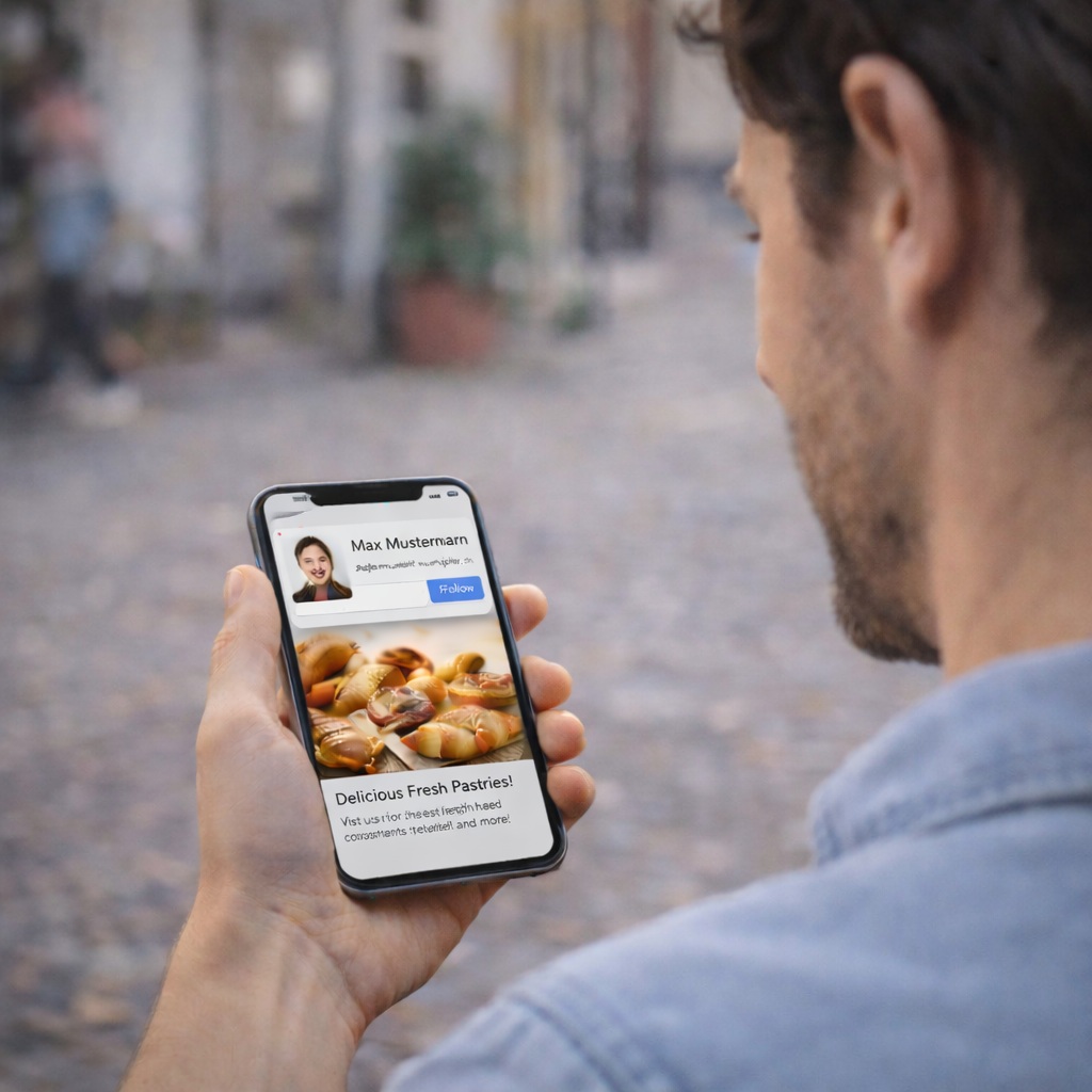 ultra realistic bakery owner sending promotional offer from laptop while smartphone notification shows bakery offer on customer phone, subtle connection between business and customer, cozy bakery workspace, warm light, realistic european setting, professional marketing moment without text --ar 1:1 --style raw --v 6