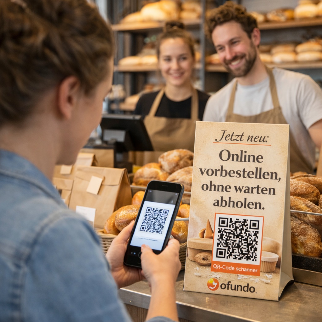 photorealistic german bakery counter scene with small flyer and QR code stand promoting online preorder, customer scanning QR code with smartphone, friendly bakery staff behind counter, fresh bread display, natural lighting, modern but authentic bakery environment, realistic documentary photography style --ar 1:1 --style raw --v 6