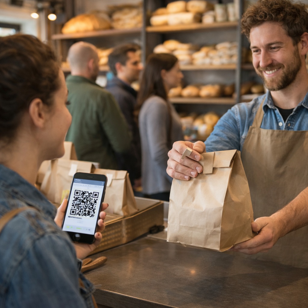 photorealistic bakery pickup moment, customer showing smartphone QR code while bakery employee hands over prepared paper bag with bread, relaxed atmosphere, other customers in background queue, fast pickup concept, warm bakery lighting, modern european bakery interior, realistic photography --ar 1:1 --style raw --v 6